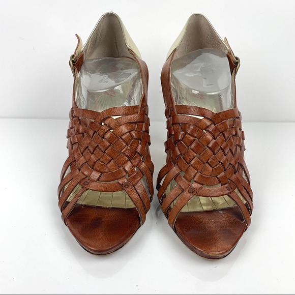 MISS SIXTY Leather Brown & Gold Sandal Cone Heels - Picture 5 of 13